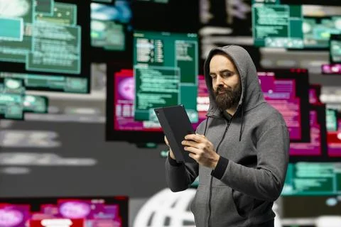 Hacker typing malicious code to exploit IT security systems and breach firewalls Stock Photos