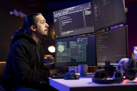 Hacker in underground lair using PC to gain unauthorized network access Stock Photos