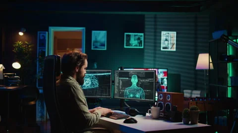 Hacker uploading evolved sentient AI to disk, planning to use it for evil plan Stock Footage 267046405