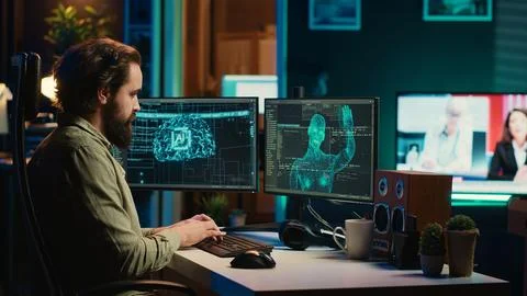 Hacker uploading evolved sentient AI to disk, planning to use it for evil plan Foto stock