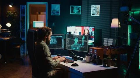 Hacker uploading evolved sentient AI to disk, planning to use it for evil plan Stock Photos