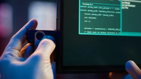 Hacker uploading USB flash drive with stolen data in PC 写真素材