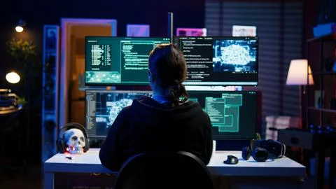 Hacker uses artificial intelligence neural networks to build script Foto stock