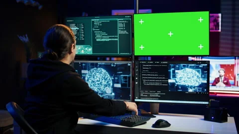 Hacker uses green screen PC and AI deep ... | Stock Video | Pond5