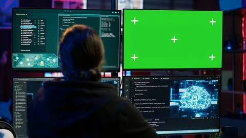 Hacker uses green screen PC and AI deep learning to develop zero day exploit Stock Photos