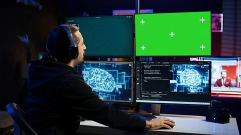 Hacker uses green screen PC and AI deep learning to develop zero day exploit Stock Photos