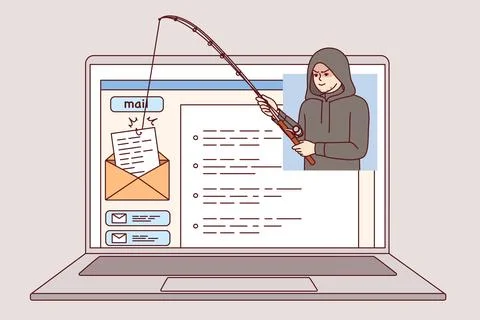 Hacker uses phishing to hack email via internet on laptop and steal confidential Stock Illustration