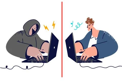 Hacker uses social engineering by communicating with company employee via laptop Stock Illustration