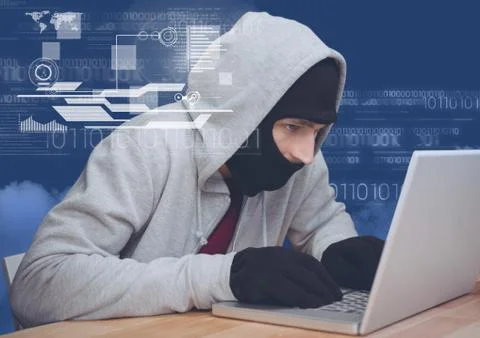 Hacker using a 3d laptop in front of blue digital background Stock Photos