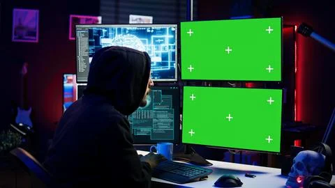 Hacker using AI and green screen computer monitors to produce malicious malware Stock Photos