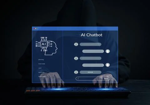 Hacker using an AI chatbot interface on a digital screen. Cyber crime, onli.. Stock Photos