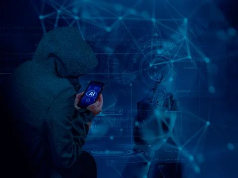 Hacker using AI smartphone app with robotic hand in futuristic cyber network Stock Photos