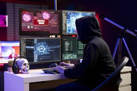 Hacker using AI software sees critical error warning while stealing data Stock Photos