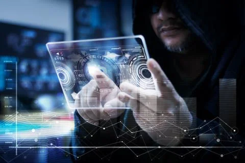 Hacker using clear tablet with HUD panel and bitcoin code graph bar data anal Stock Photos