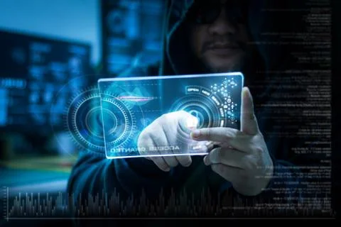 Hacker using clear tablet with HUD panel and code graph bar data analytsis el Stock Photos