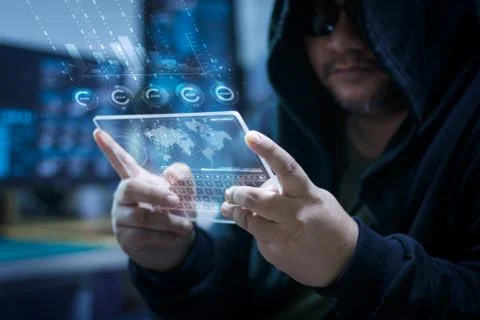 Hacker using clear tablet with HUD panel and code graph bar data analytsis el Stock Photos