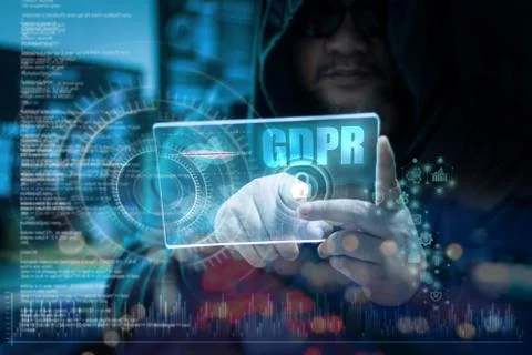 Hacker using clear tablet with HUD panel and code graph bar data analytsis el Stock Photos