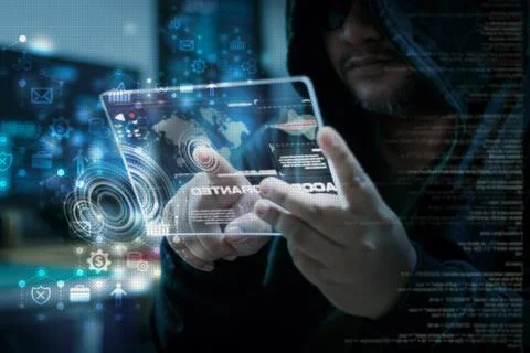 Hacker using clear tablet with HUD panel and code graph bar data analytsis el Stock Photos
