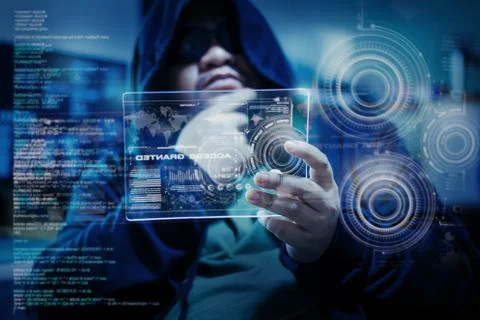 Hacker using clear tablet with HUD panel and code graph bar data analytsis el 스톡 사진