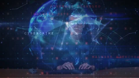 A hacker is using a computer to attack a digital screen Stock Footage 330407269