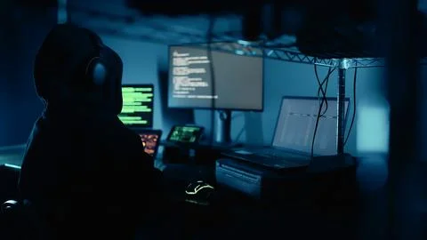 A Hacker using computer breaks into data servers and infects systems with virus. Stock Photos