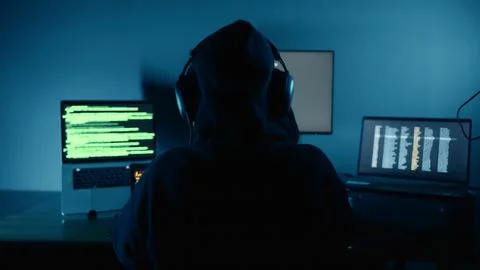 A Hacker using computer breaks into data servers and infects systems with virus. Stock Photos