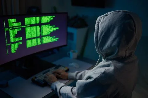 Hacker using the computer. Man in a hoodie breaks the access to steal Stock Photos