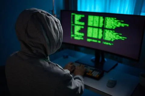 Hacker using the computer. Man in a hoodie breaks the access to steal 스톡 사진