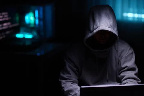 Hacker using the computer. Man in a hoodie breaks the access to steal 스톡 사진