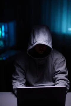 Hacker using the computer. Man in a hoodie breaks the access to steal 스톡 사진