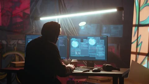 Hacker using computer to run malicious code in foggy dark basement Stock Footage 319521518