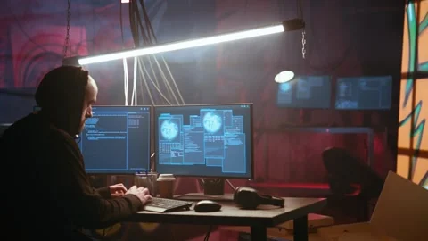 Hacker using computer to run malicious code in foggy dark basement Stock Footage 319569129