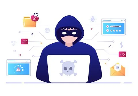 Hacker Using Computer Server to Activity Hacked Database, Network Storage, So Stock Illustration