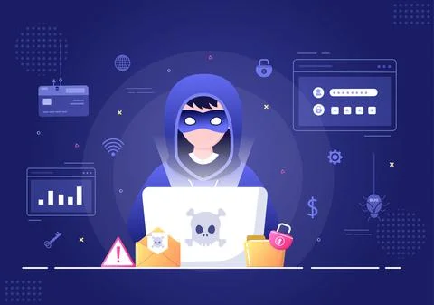 Hacker Using Computer Server to Activity Hacked Database, Network Storage, So Stock Illustration