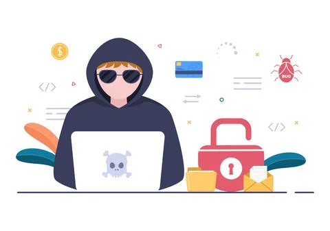 Hacker Using Computer Server to Activity Hacked Database, Network Storage, So Illustrazione stock