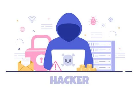 Hacker Using Computer Server to Activity Hacked Database, Network Storage, So Stock Illustration
