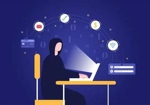 Hacker Using Computer Server to Activity Hacked Database, Network Storage, So Stock Illustration