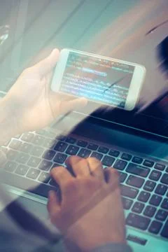 Hacker using computer, smartphone and coding to steal password and private... 스톡 사진