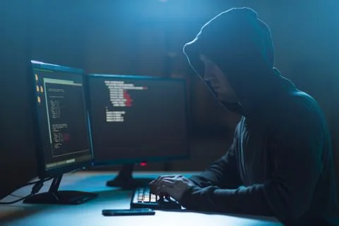 Hacker using computer virus for cyber attack 스톡 사진