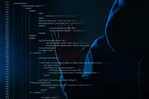 Hacker using digital code on virtual screen in darkness. Cyber crime concept Foto stock