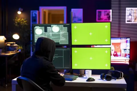 Hacker using exploits on green screen computer to break into systems 스톡 사진