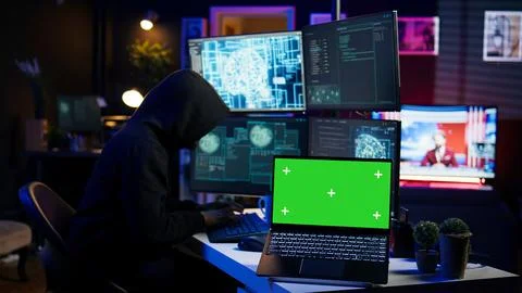 Hacker using green screen laptop to deploy malware on unsecured devices Foto stock