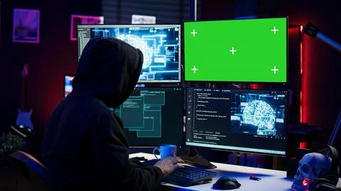 Hacker using green screen PC and AI to find unpatched connections 写真素材