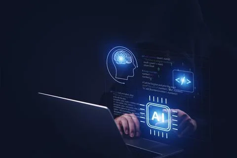 Hacker using laptop with AI and coding interface, illustrating artificial i.. Foto stock