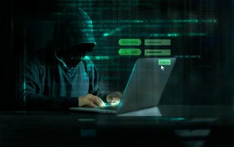 Hacker using laptop and Log On Screen with digital code on dark background. Foto stock