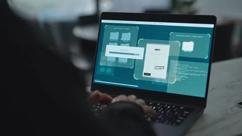 Hacker using laptop computer copying files and secret documents in remote server Stock Footage 311302174