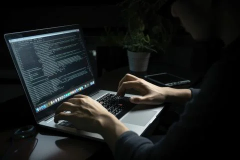 Hacker using laptop in a dark room at night. Programmer working on computer.. Stock Photos