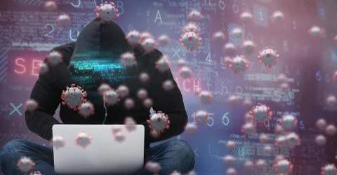 Hacker Using laptop during pandemic with coronavirus covid19 floating and data Foto stock