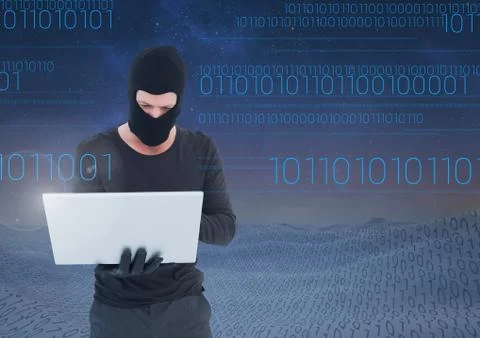 Hacker using a laptop in front of digital numbers 스톡 사진