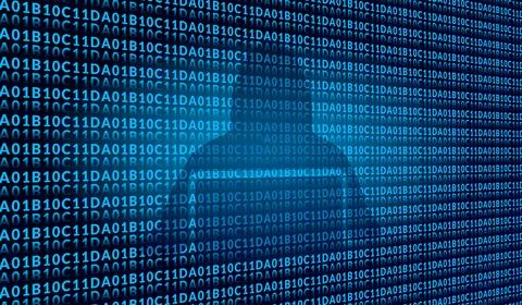 Hacker using laptop on hexadecimal and binary code blue background 스톡 일러스트